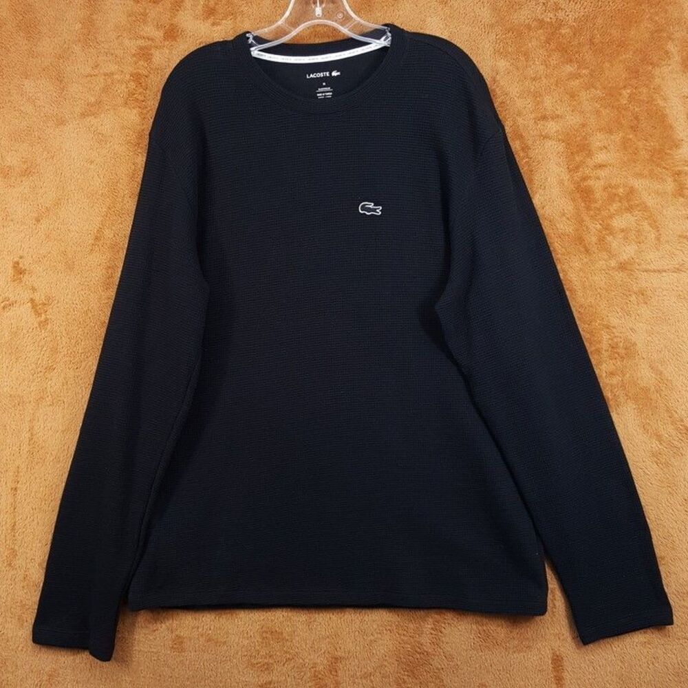 LACOSTE Shirt Mens XL Black Pullover Crew Long Sleeve Waffle Thermal Logo